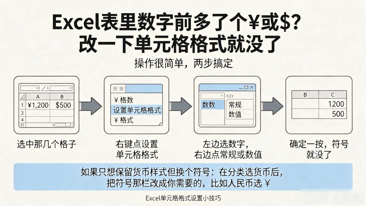 Excel表里数字前多了个¥或$？改一下单元格格式就没了